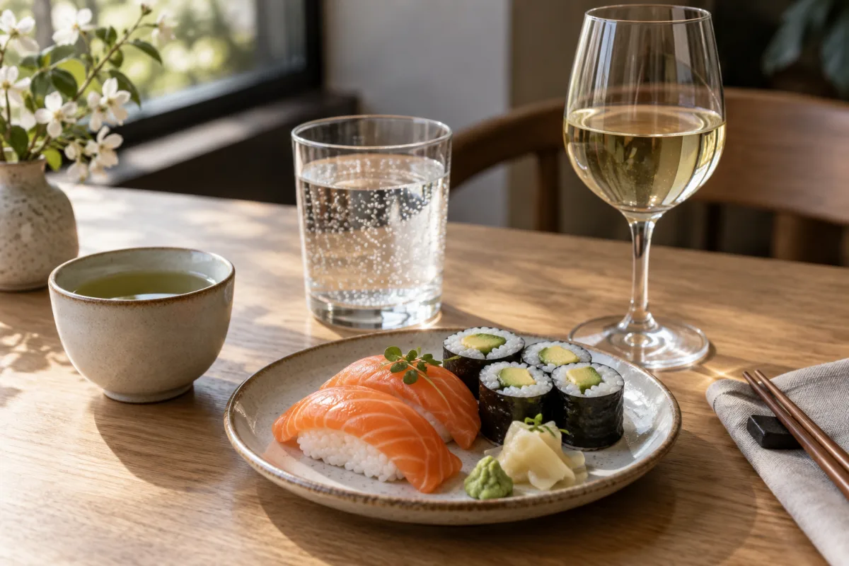 Sushi junto a té verde, agua con gas y una copa de vino blanco sin marca