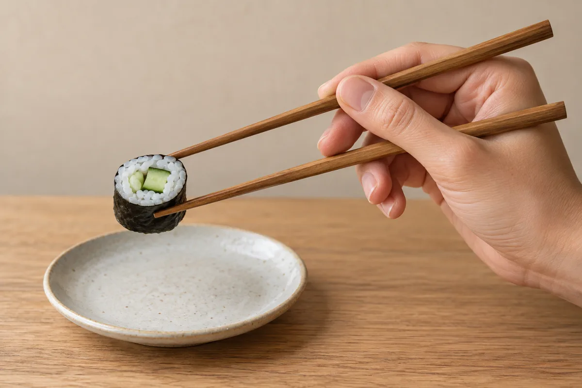 Agarre ilustrativo de dos palitos de madera alrededor de un maki