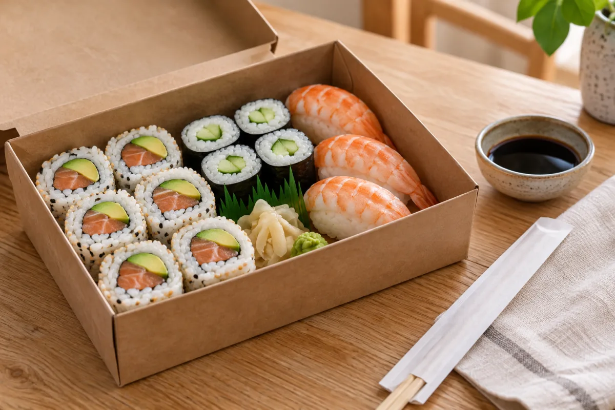 Caja de sushi para llevar con uramaki, maki y nigiri de camarón