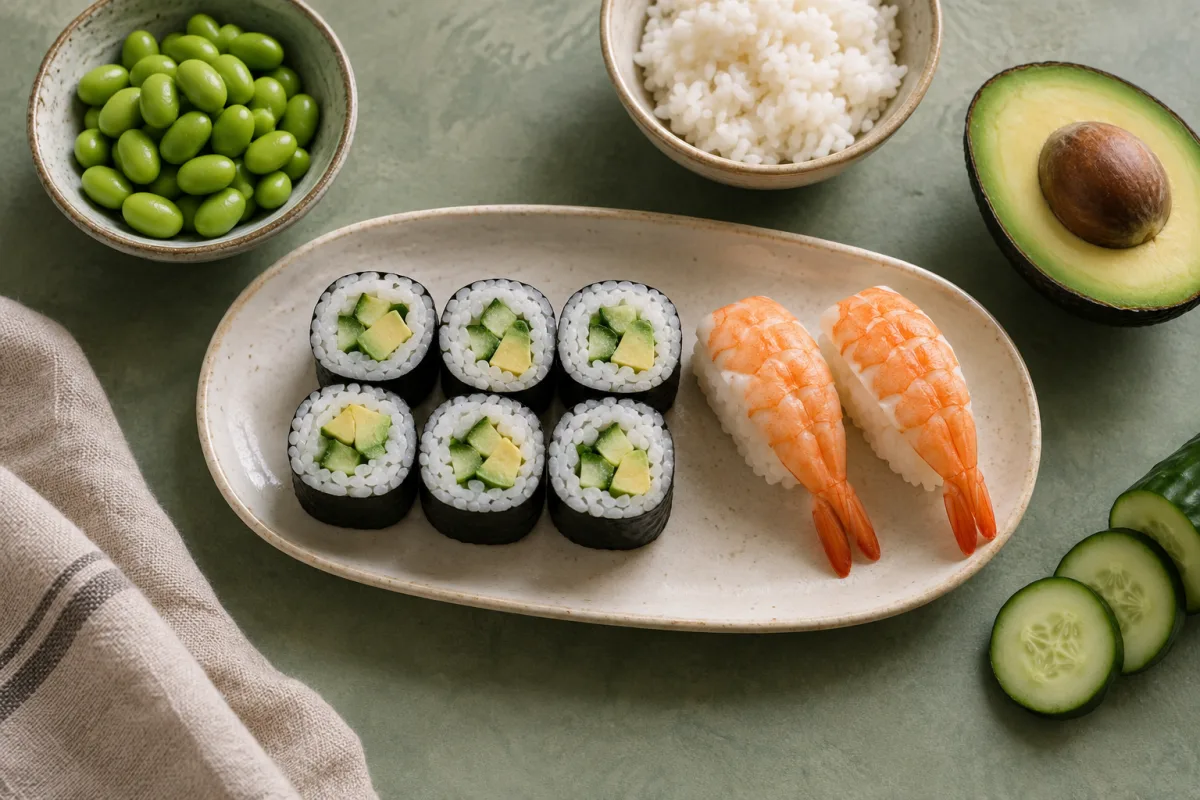 Maki de pepino y palta y nigiri de camarón junto a arroz, edamame y vegetales
