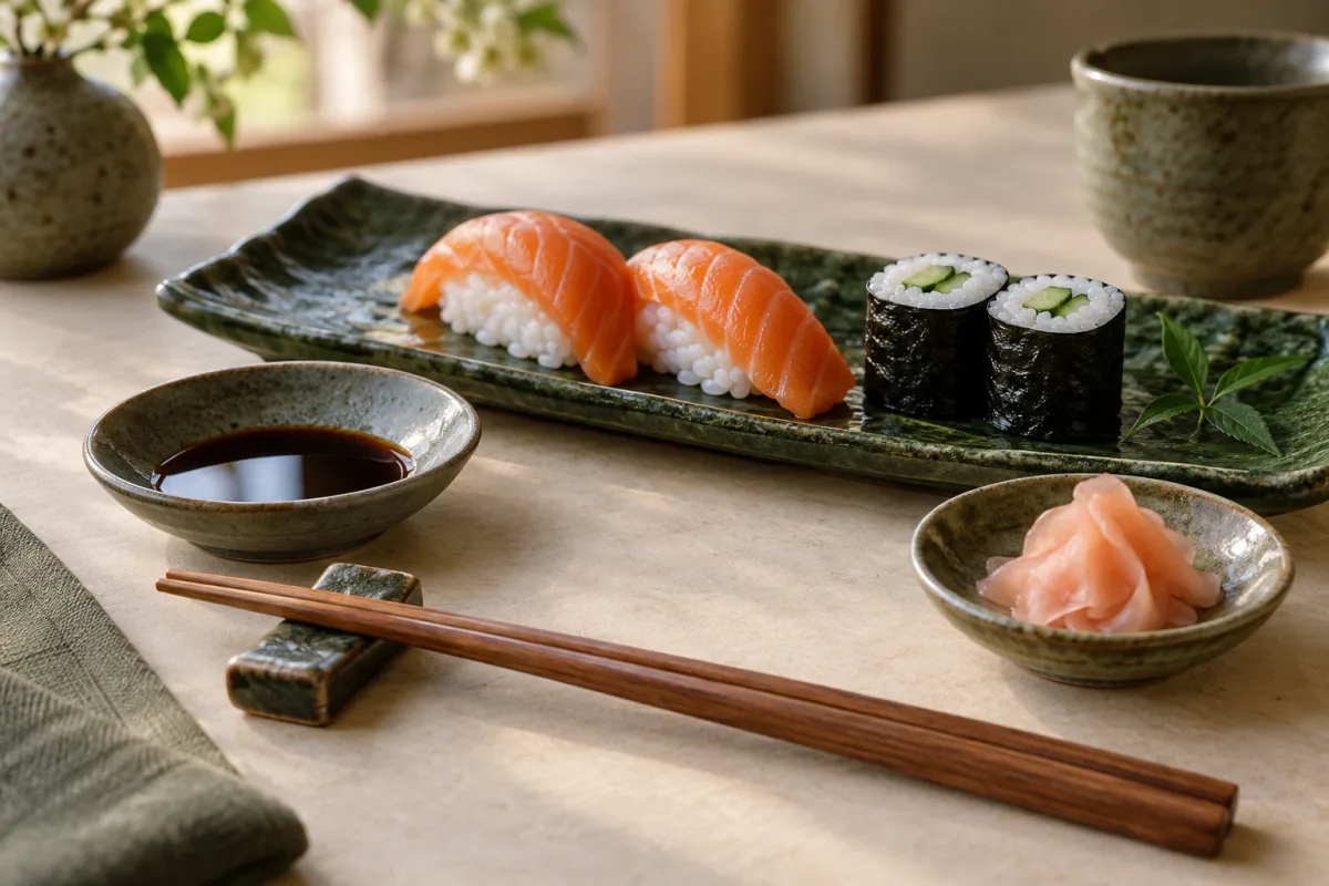 Sushi con soya y jengibre en platos separados y palitos sobre un soporte