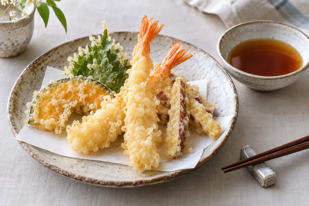 Camarones y verduras con una cobertura ligera de tempura