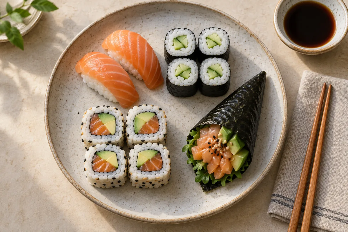 Plato ilustrativo con nigiri, maki, uramaki y un temaki